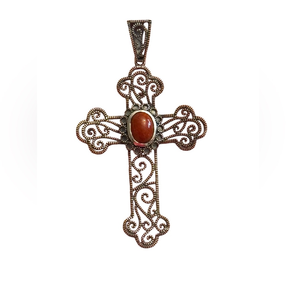 Elegant  Sterling Silver 925 Stunning Jasper filagree Cross Pendant Red Stone